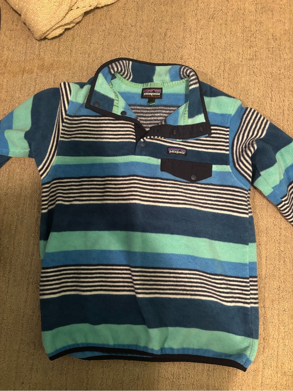 Patagonia Striped Snap Fleece Pullover in Blue & Aqua